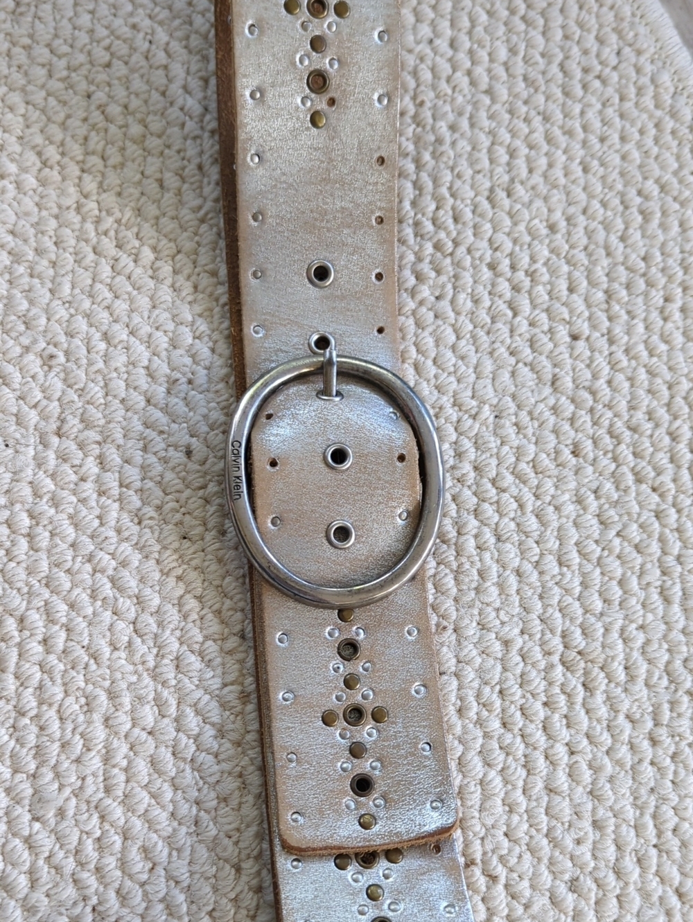 Calvin Klein Shimmery Champagne Leather Belt with Oval Buckle